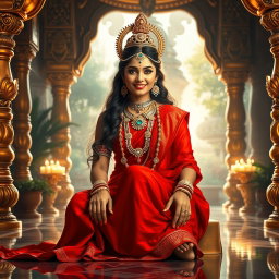 A beautiful Hindu Devi with glowing radiant skin, sitting in a majestic palace in Swarglok