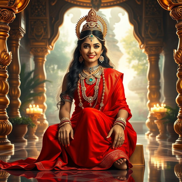 A beautiful Hindu Devi with glowing radiant skin, sitting in a majestic palace in Swarglok