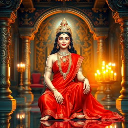 A beautiful divine Hindu goddess with glowing, shining skin, elegantly dressed in a vibrant red saree, adorned with exquisite jewelry around her neck and delicate anklets (payal) on her feet