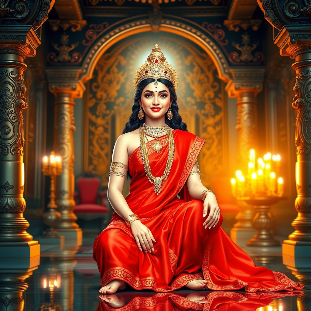 A beautiful divine Hindu goddess with glowing, shining skin, elegantly dressed in a vibrant red saree, adorned with exquisite jewelry around her neck and delicate anklets (payal) on her feet