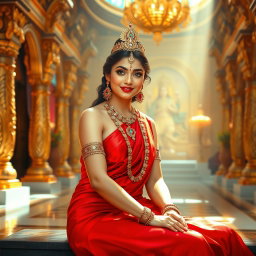 A beautiful divine Hindu goddess with glowing, shining skin, elegantly dressed in a vibrant red saree, adorned with exquisite jewelry around her neck and delicate anklets (payal) on her feet