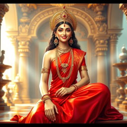 A beautiful divine Hindu goddess with glowing, shining skin, elegantly dressed in a vibrant red saree, adorned with exquisite jewelry around her neck and delicate anklets (payal) on her feet