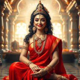 A beautiful divine Hindu goddess with glowing, shining skin, elegantly dressed in a vibrant red saree, adorned with exquisite jewelry around her neck and delicate anklets (payal) on her feet