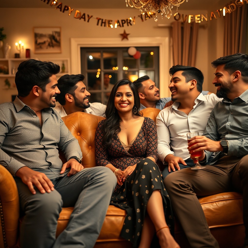 A 51-year-old Indian woman sitting on a plush, elegant couch surrounded by several handsome men, all engaged in flirtatious behavior and making out after a lively house party
