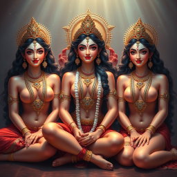 Three stunning Hindu goddesses (devis) with radiant skin, adorned with exquisite jewellery around their necks and delicate payals on their feet