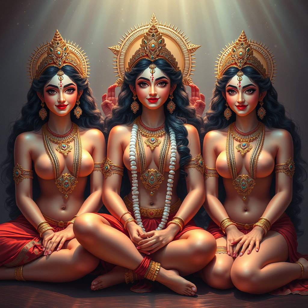 Three stunning Hindu goddesses (devis) with radiant skin, adorned with exquisite jewellery around their necks and delicate payals on their feet
