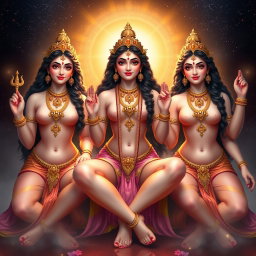 Three stunning Hindu goddesses (devis) with radiant skin, adorned with exquisite jewellery around their necks and delicate payals on their feet