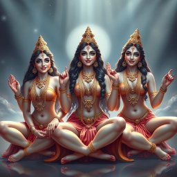 Three stunning Hindu goddesses (devis) with radiant skin, adorned with exquisite jewellery around their necks and delicate payals on their feet