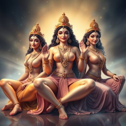 Three stunning Hindu goddesses (devis) with radiant skin, adorned with exquisite jewellery around their necks and delicate payals on their feet