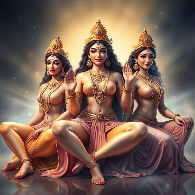 Three stunning Hindu goddesses (devis) with radiant skin, adorned with exquisite jewellery around their necks and delicate payals on their feet
