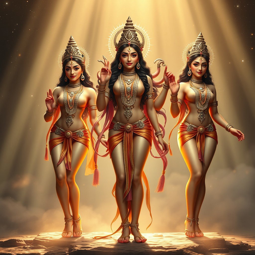 Three stunning Hindu goddesses (devis), each with radiant skin and a beautiful glow, standing confidently in sexy poses