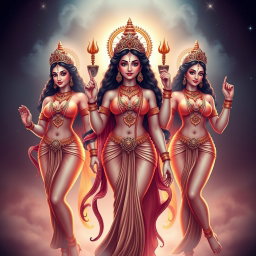 Three stunning Hindu goddesses (devis), each with radiant skin and a beautiful glow, standing confidently in sexy poses