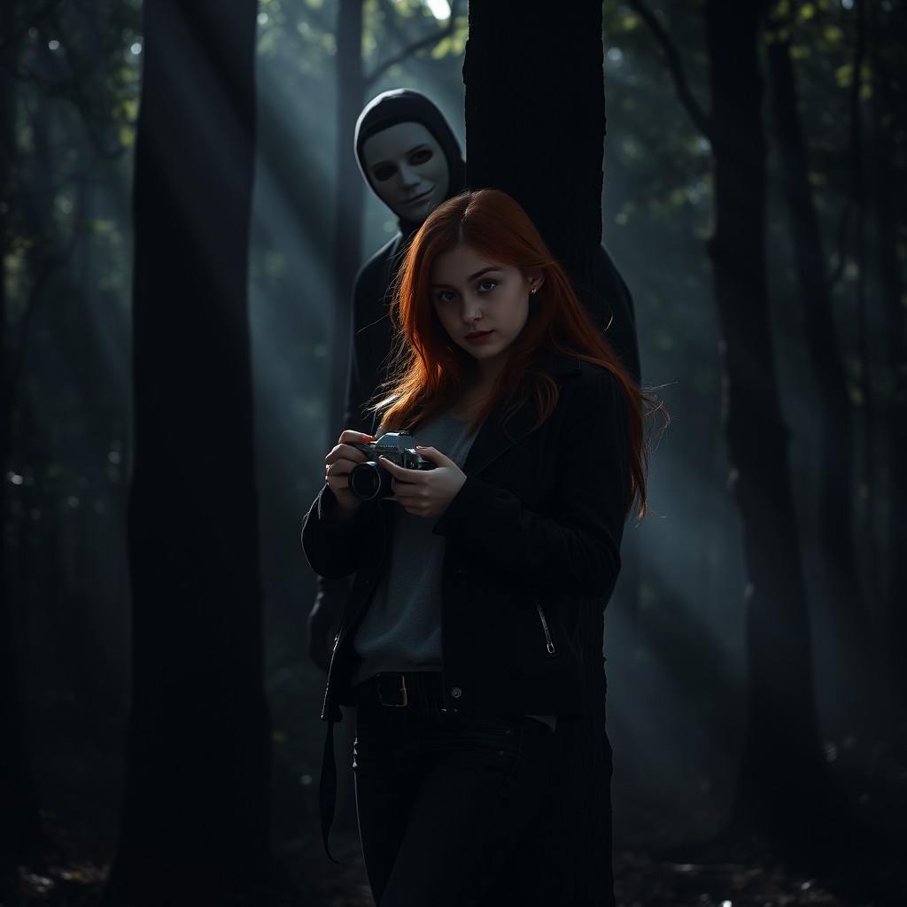 A red-haired girl standing in a somewhat dark forest, holding her camera and positioned next to a tree