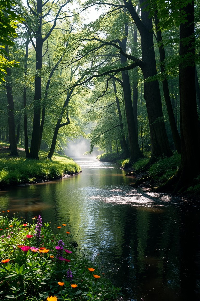 A serene river flowing through a lush forest, with sunlight filtering through the dense canopy, casting dappled shadows on the forest floor