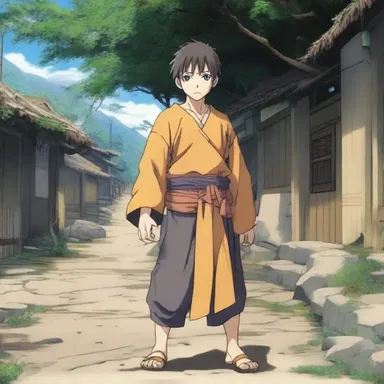 In the anime series, the protagonist was forced into beggary following the destruction of his village.