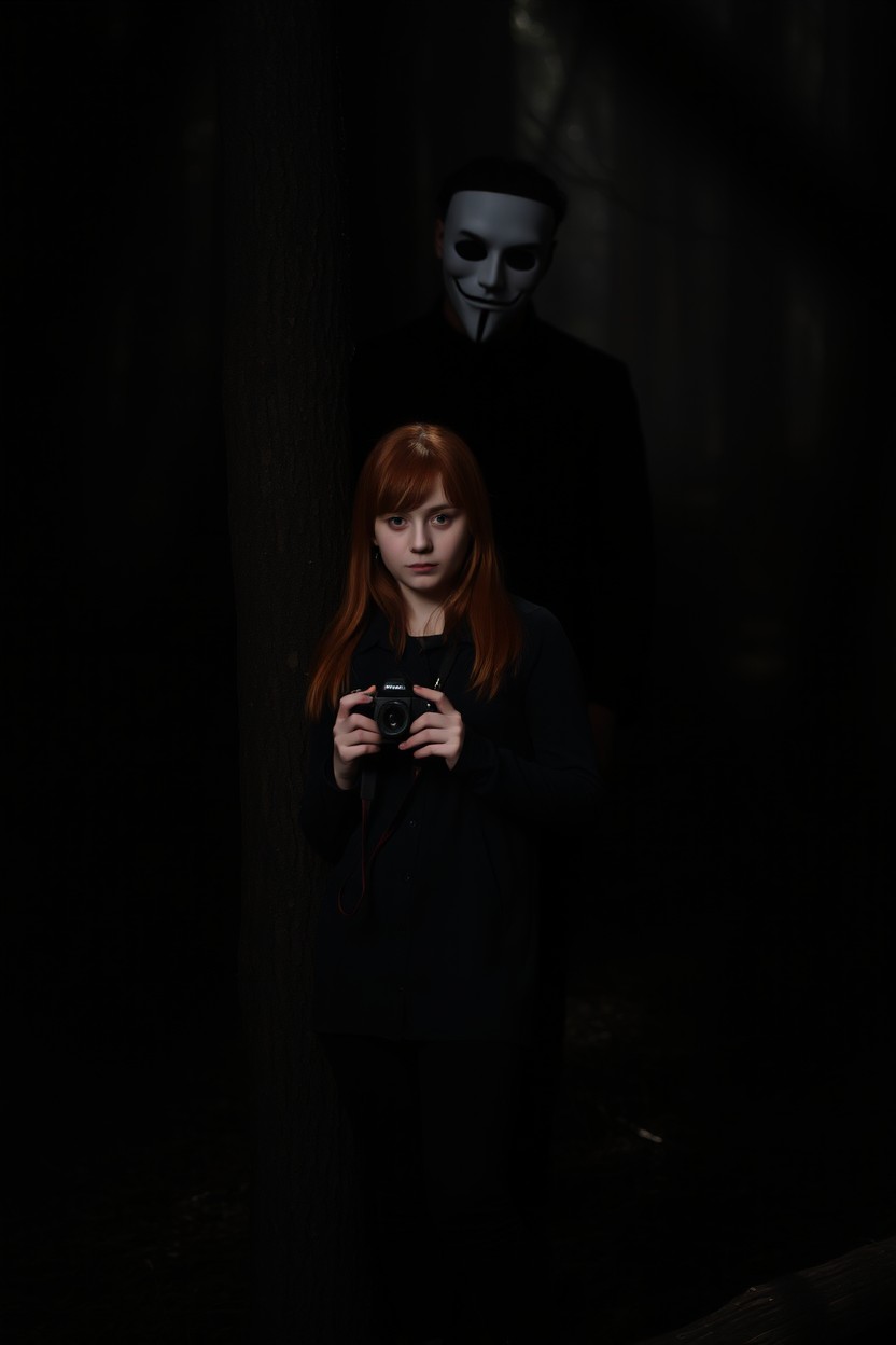 A red-haired girl standing in a somewhat gloomy forest, holding her camera, positioned next to a tree