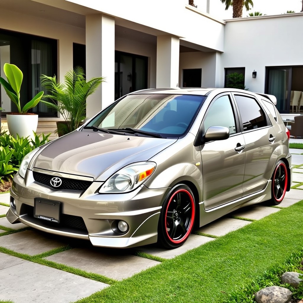 A 2003 Toyota Matrix, modified to have an elegant and sporty appearance, is showcased in a large, well-manicured patio