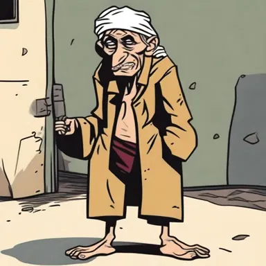 In the cartoon series, the character of the beggar always portrays the state of beggary with torn clothes and a haggard appearance.