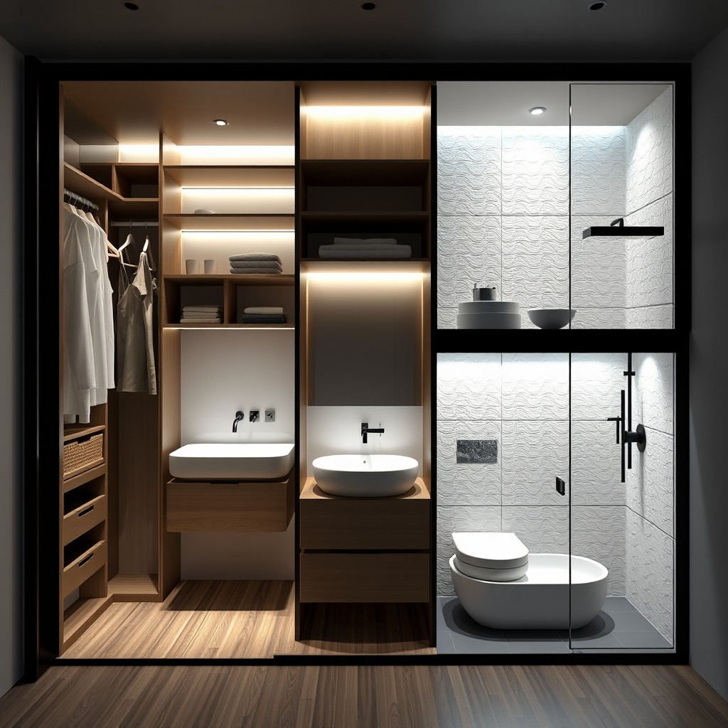 An innovative and spacious design concept for a modern walking closet, sink area, and bathroom with a shower section