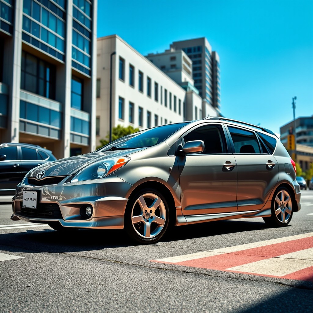 A 2003 Toyota Matrix XR, elegantly designed with a sporty touch, parked on a vibrant city street