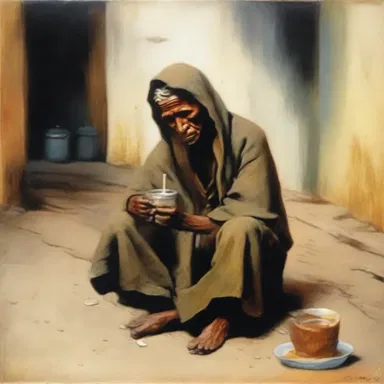 The artist captured the essence of beggary in his painting by depicting a beggar sitting on the street with a cup for donations.
