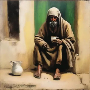 The artist captured the essence of beggary in his painting by depicting a beggar sitting on the street with a cup for donations.