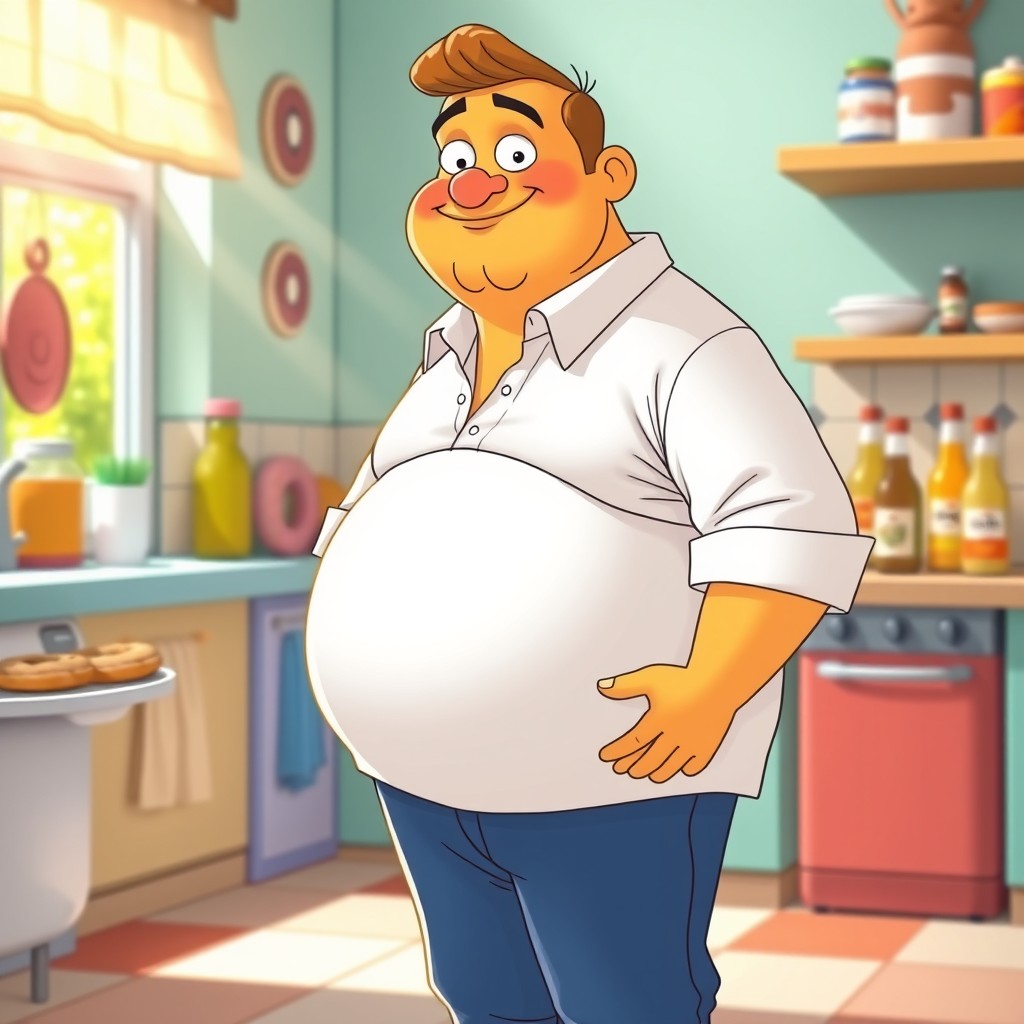 A humorous and whimsical depiction of a cartoonish character resembling a chubby, yellow-skinned man in a white shirt and blue pants, with a large belly representing pregnancy