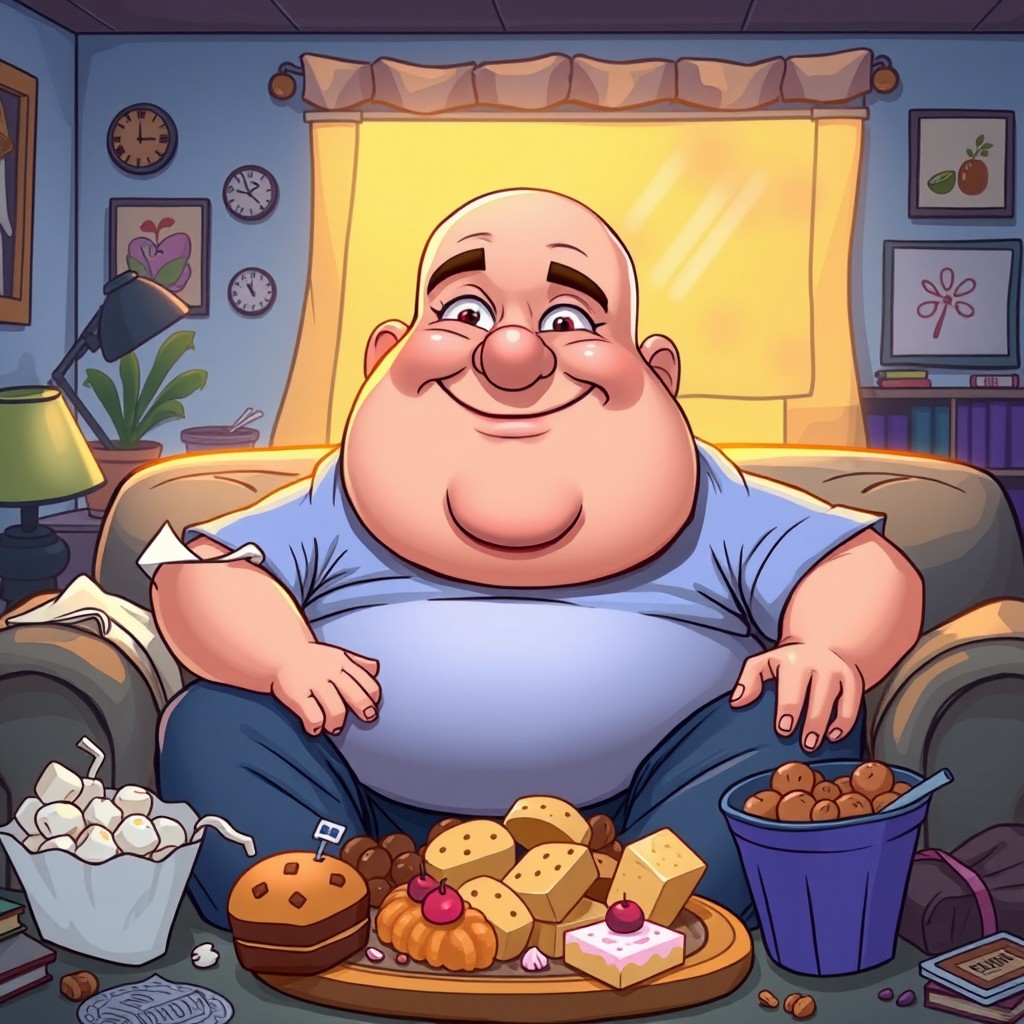 A humorous and exaggerated cartoon illustration of a chubby, bald man resembling a typical cartoon character in a funny and absurd scenario, sitting comfortably on a couch with a cheeky grin