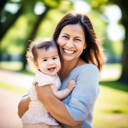 A warm portrait of a charming mother, carrying her toddler in a park, both laughing heartily