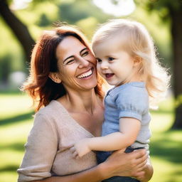 A warm portrait of a charming mother, carrying her toddler in a park, both laughing heartily