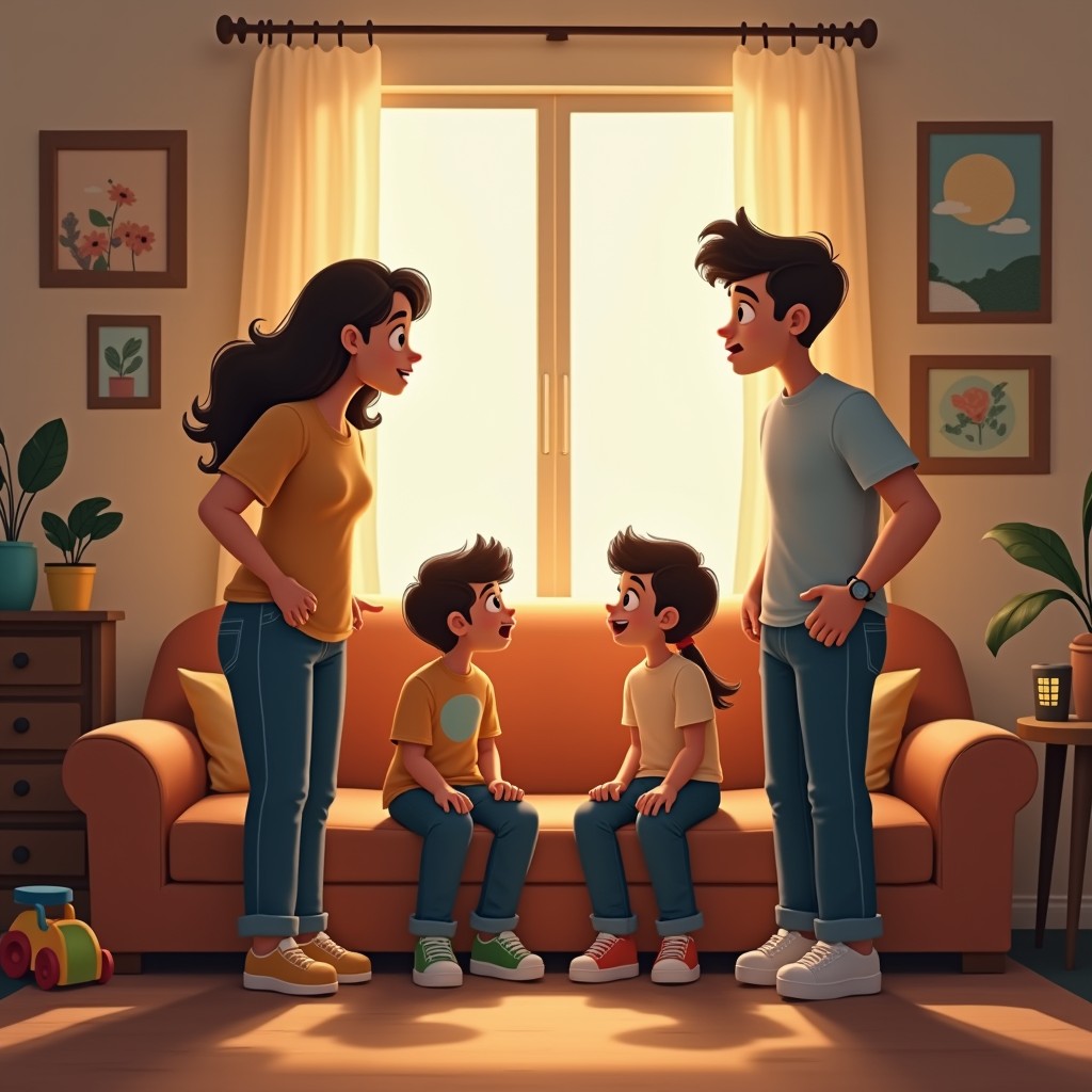 A scene depicting two parents speaking authoritatively to their children in a cozy living room