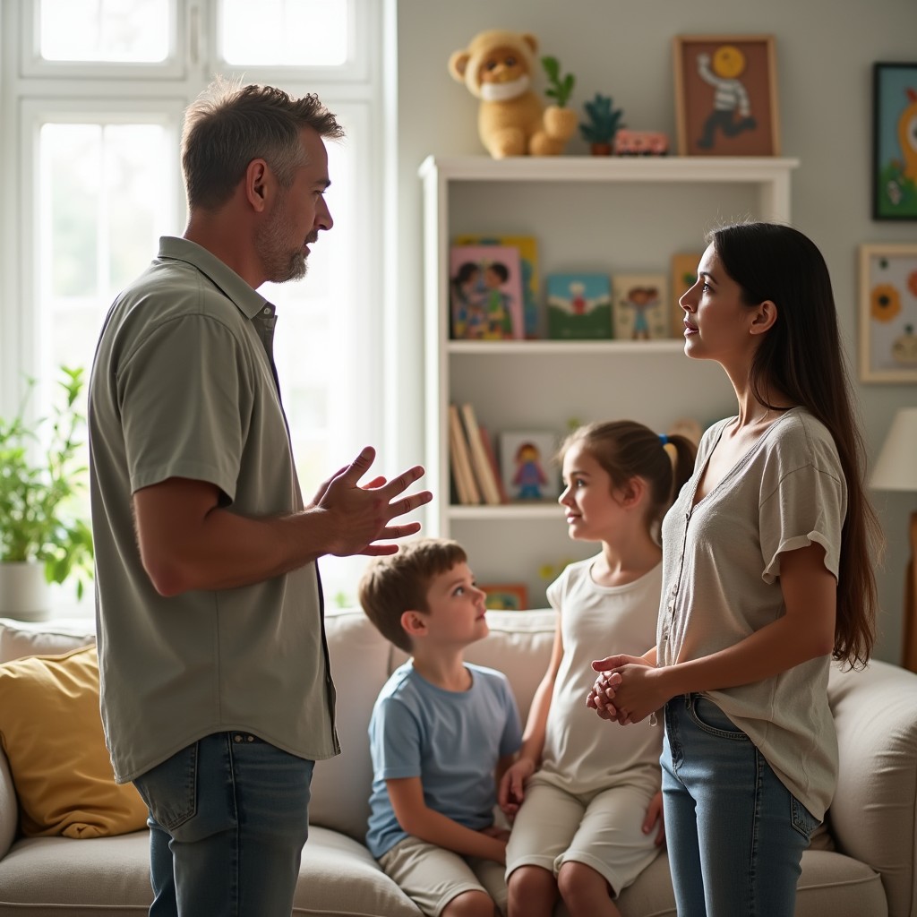 A scene depicting two parents speaking authoritatively to their children in a brightly lit living room