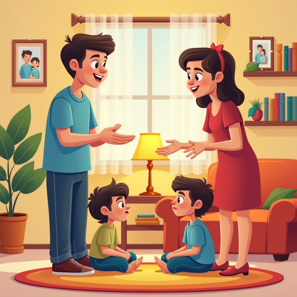 A scene illustrating parents speaking authoritatively to their children in a brightly decorated living room