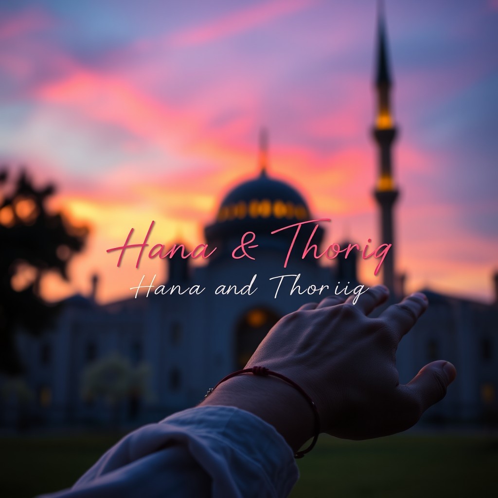 A romantic Islamic scene featuring a silhouette of a mosque against the colorful twilight sky of Bandung