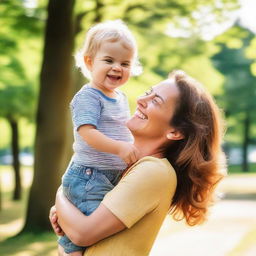 A warm portrait of a charming mother, carrying her toddler in a park, both laughing heartily