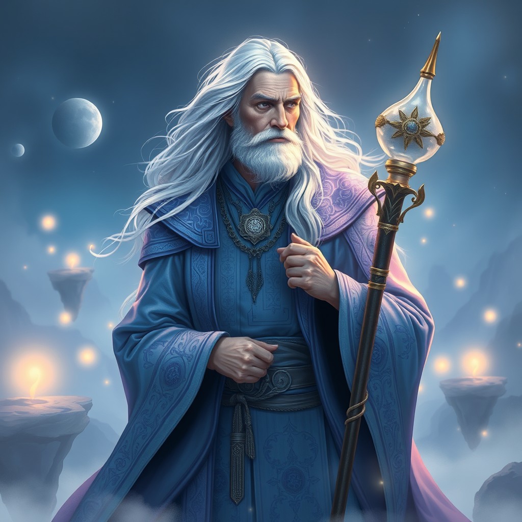 An ethereal hero embodying the qualities of an ENTP personality type, depicted as a wise man with a contemplative expression