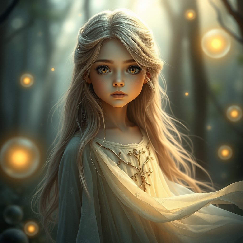 An ethereal, wise young girl with a captivating presence, standing in a mystical forest