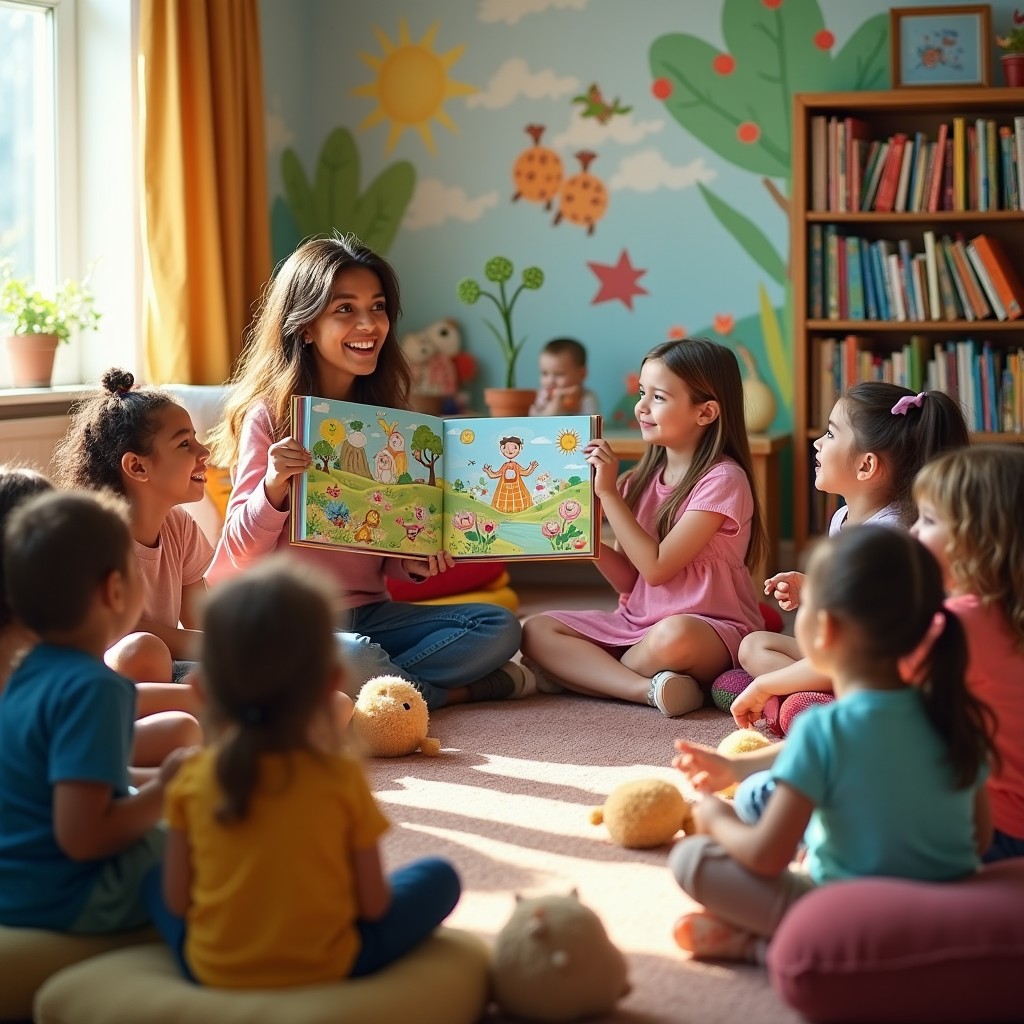 A lively and colorful storytelling session for young children taking place in a cozy library corner