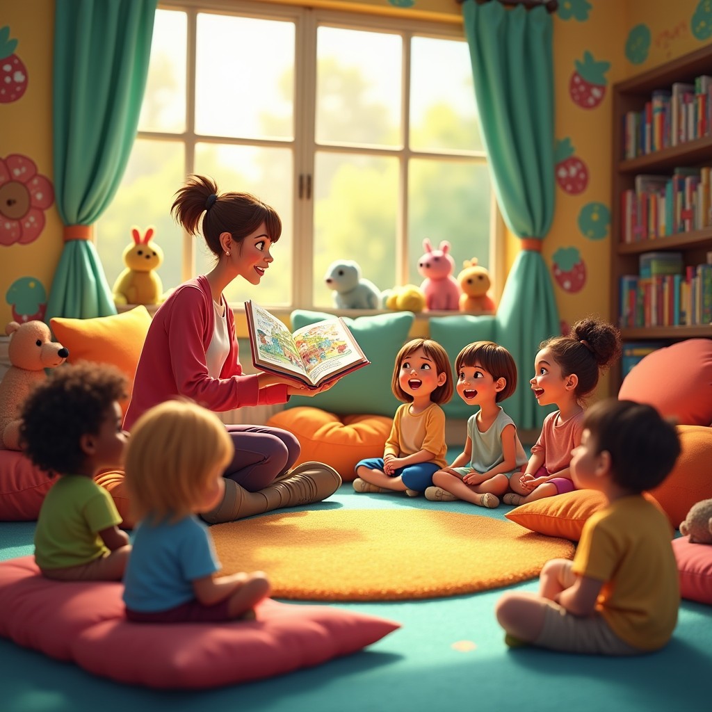 A vibrant and engaging storytelling session for children set in a whimsical library