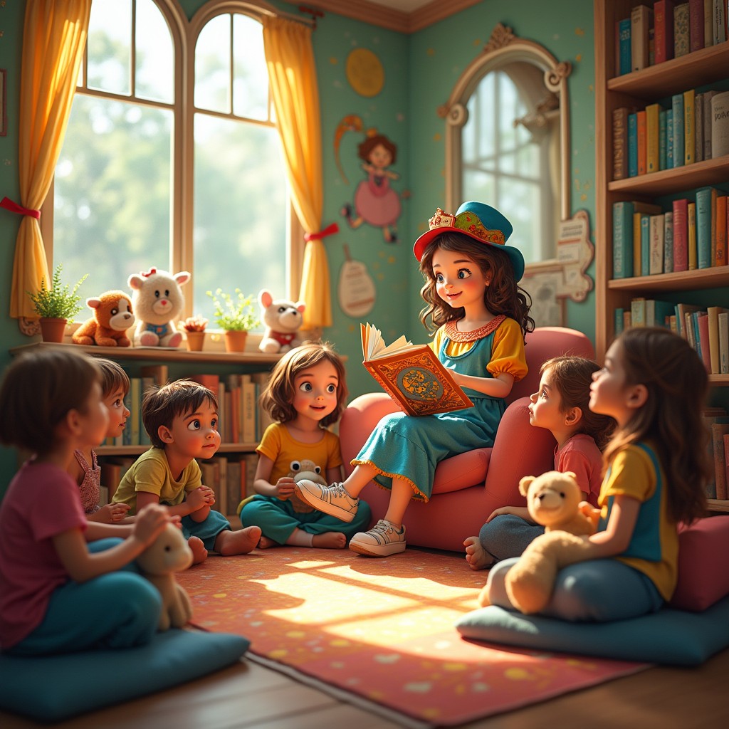 An enchanting storytelling session for children set inside a cozy library nook