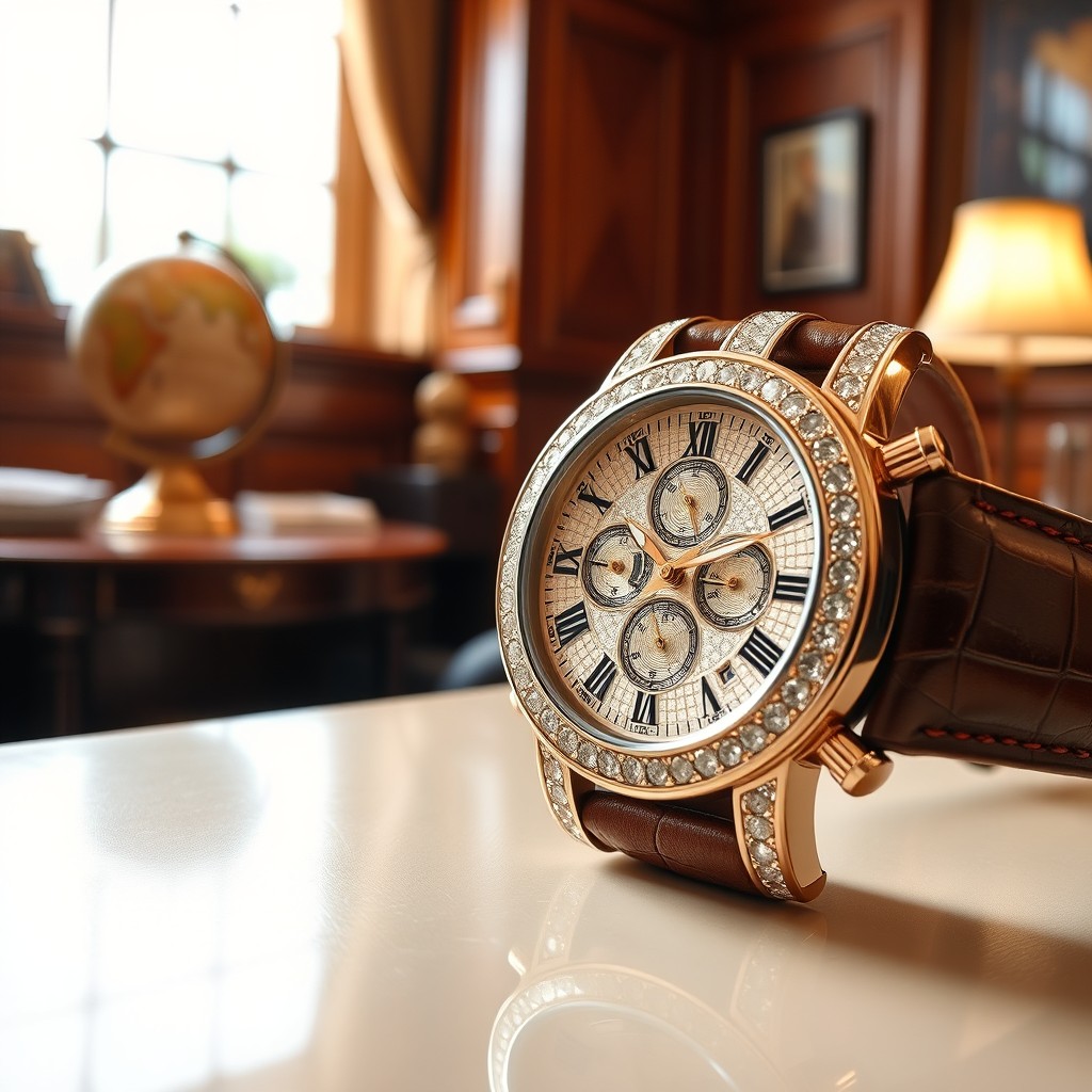 A close-up of a luxurious wristwatch with a sparkling diamond-encrusted face, reflecting light beautifully