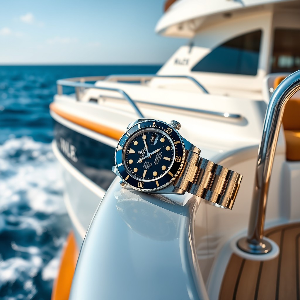 A sleek Rolex Submariner watch displayed prominently on the deck of a luxurious boat, with shimmering blue sea waves in the background and a clear sunny sky