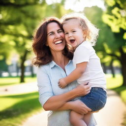 A warm portrait of a charming mother, carrying her toddler in a park, both laughing heartily