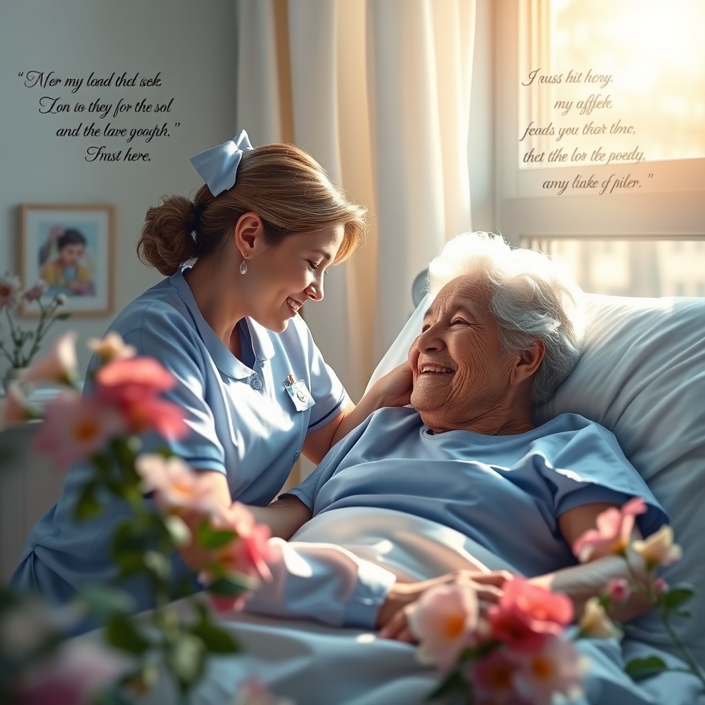 A serene and intimate scene depicting the delicate bond between a nurse and her patient, set in a softly lit hospital room
