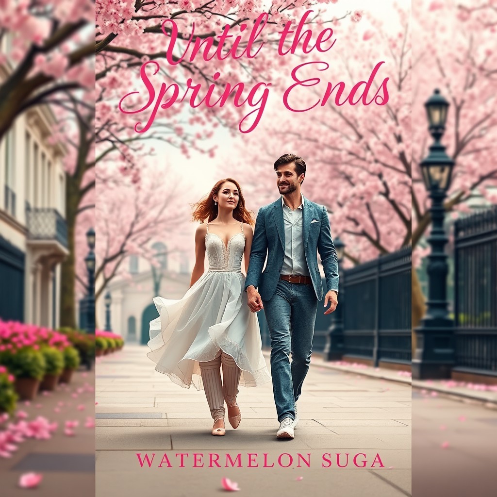 A romantic book cover design featuring a male cricketer and a female dancer walking hand in hand through a vibrant springtime scene in London