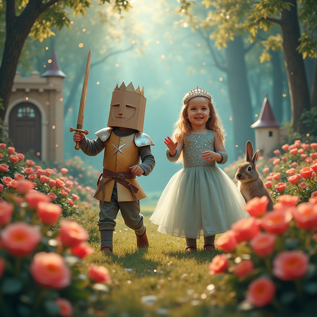 A whimsical and colorful scene depicting children roleplaying as knights and princesses in a vibrant forest