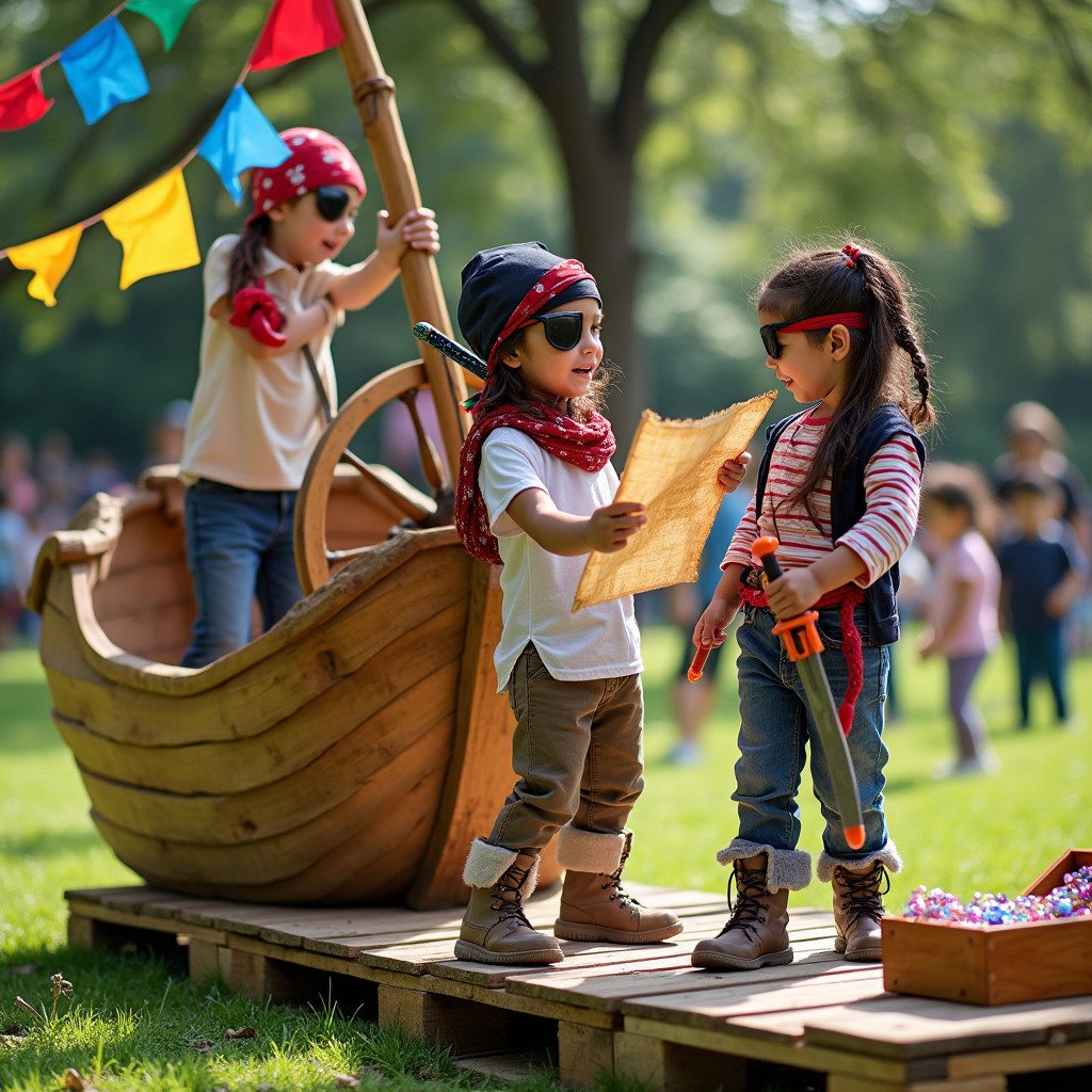 An imaginative scene showing children engaging in a pirate-themed roleplaying game on a makeshift ship made of wooden pallets in a sunny park