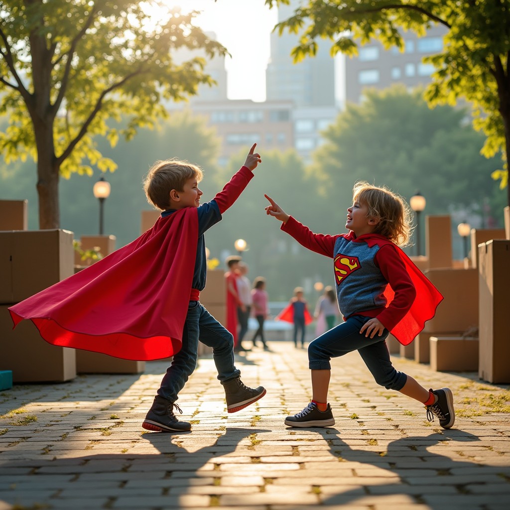A captivating scene of children roleplaying as superheroes in an urban park setting