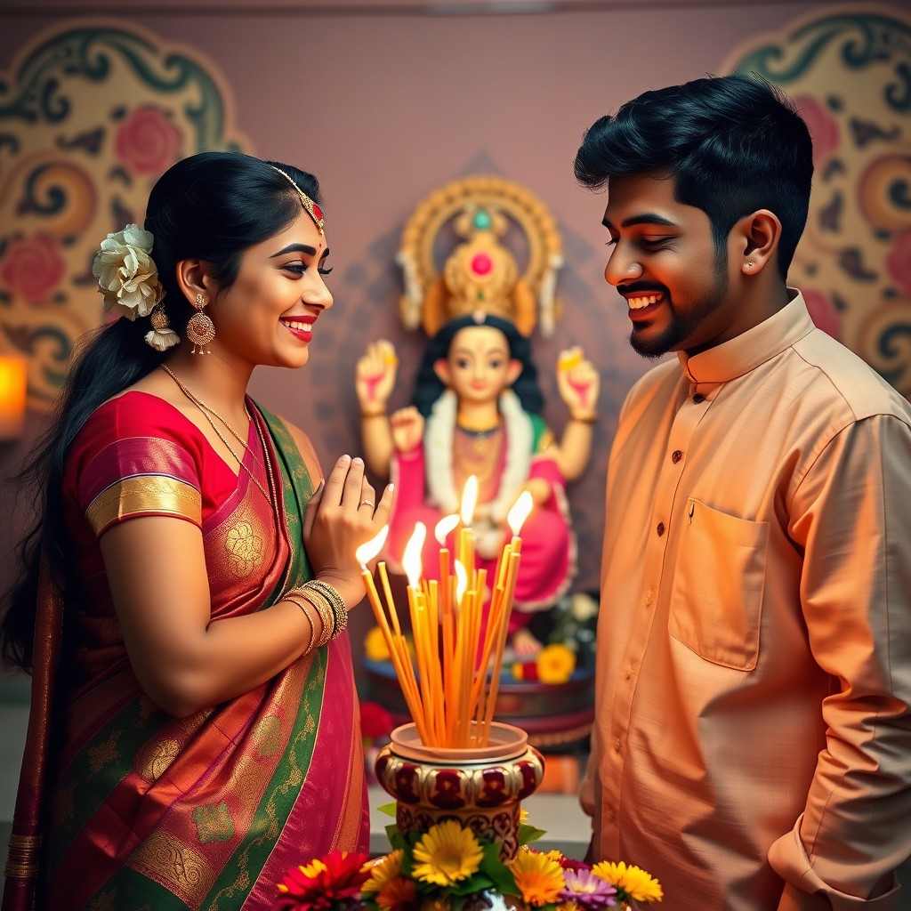 A young Indian couple in traditional attire, joyfully worshipping Lord Vishnu