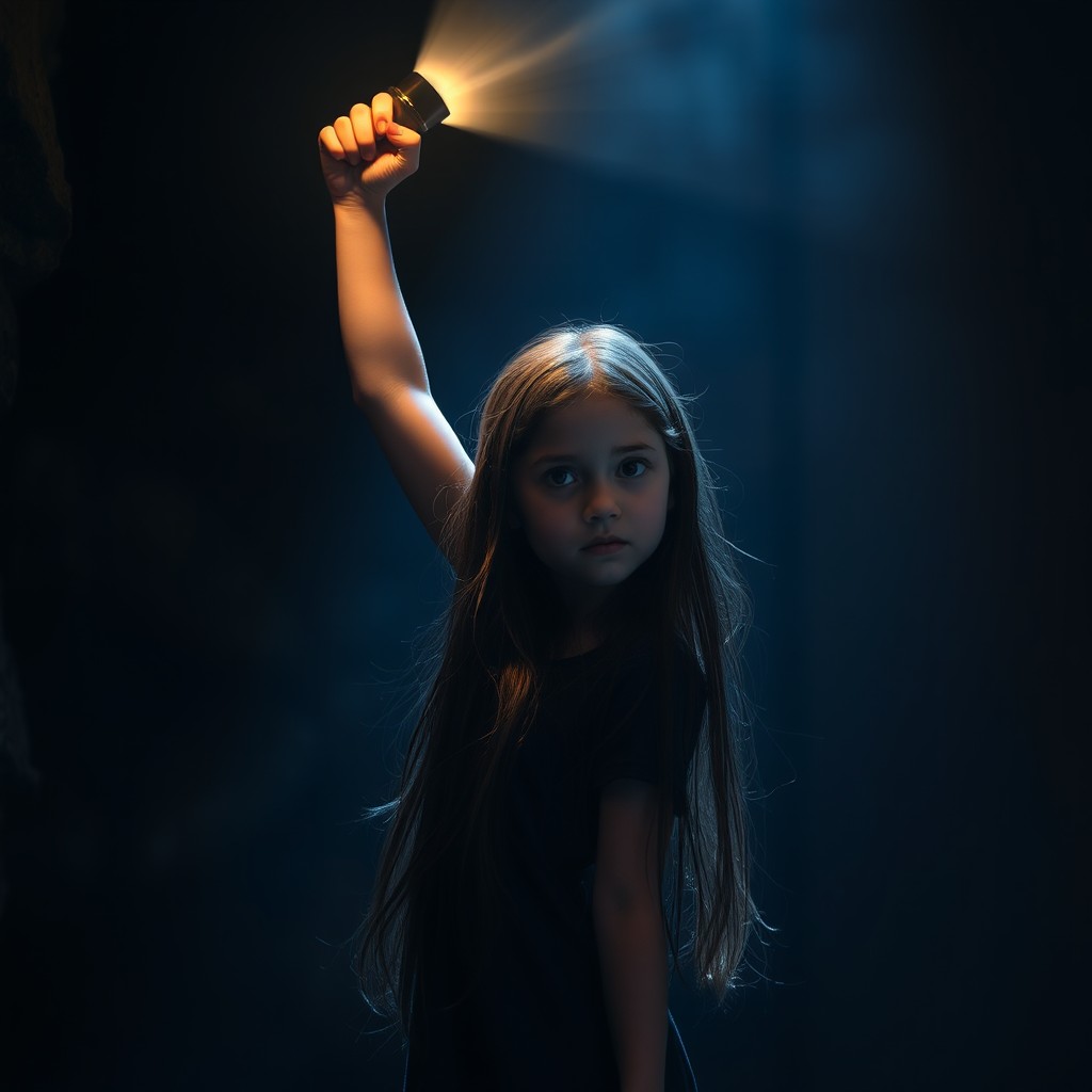 A girl standing in a dark room, holding a torch raised above her head, casting a warm, bright light that illuminates the space around her